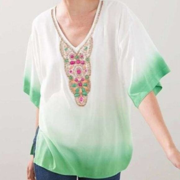 Chicos Ombré Beaded Summer Tunic Blouse SZ 2 (12/14) Boho Casual Career Vacation - Picture 1 of 5